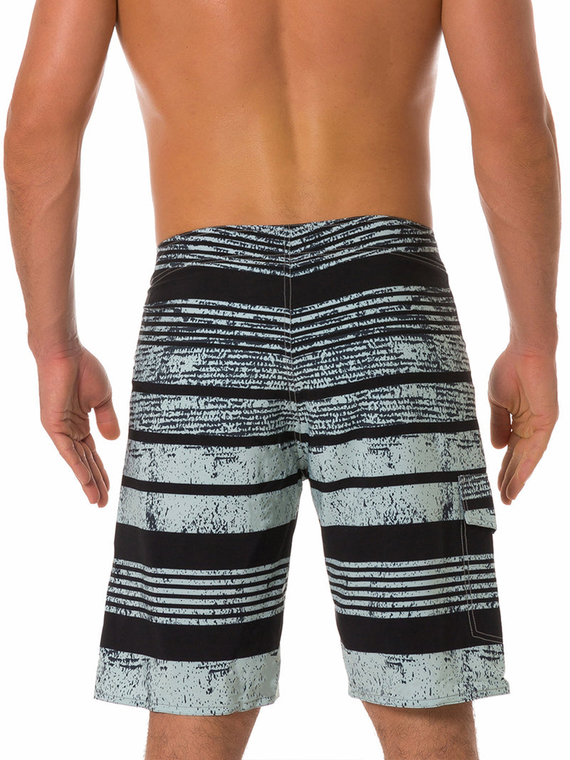 Men's Casual Striped Black Flat Waist Hawaiian Shorts Summer Beach Boardshorts
