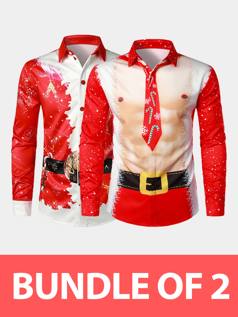 Bundle Of 2|Men's Christmas Print Regular Fit Long Sleeve Shirt