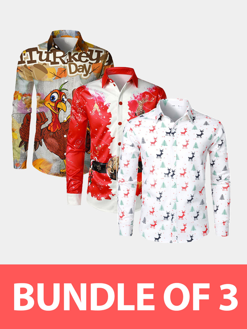 Bundle Of 3|Men's Printed Regular Fit Festive Long Sleeve Shirt