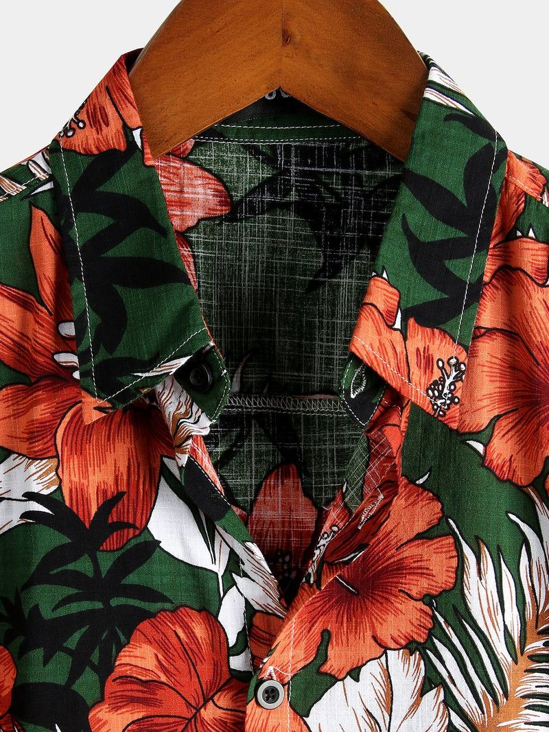 Men's Hawaiian Tropical Plant Floral Print Cotton Short Sleeve Shirts