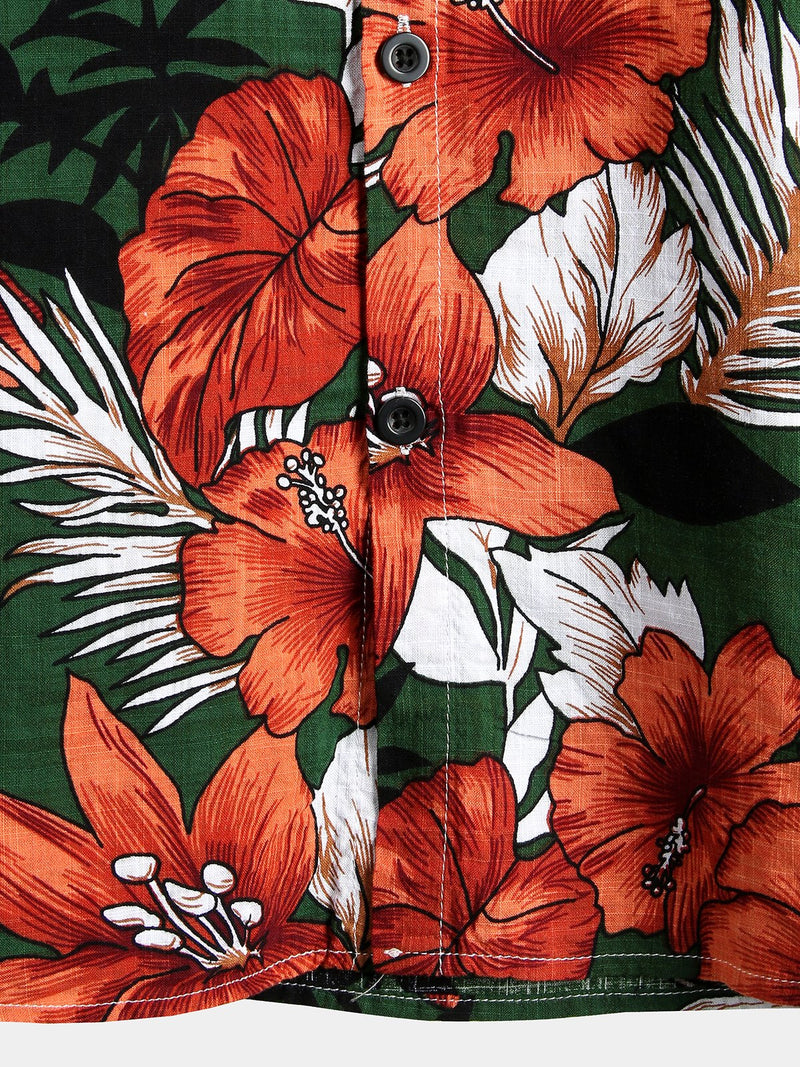 Men's Hawaiian Tropical Plant Floral Print Cotton Short Sleeve Shirts