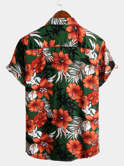 Men's Hawaiian Tropical Plant Floral Print Cotton Short Sleeve Shirts