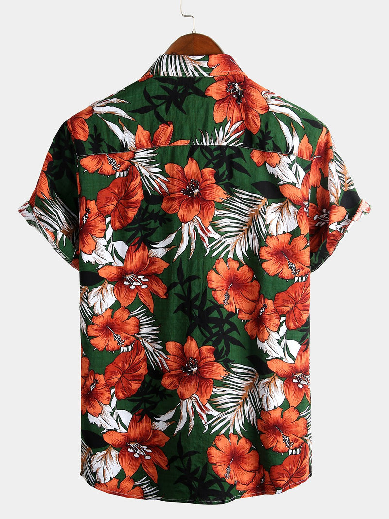 Men's Hawaiian Tropical Plant Floral Print Cotton Short Sleeve Shirts