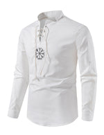 Men's Casual Henley Retro Lace Up Cotton Long Sleeve Shirt Drawstring Top