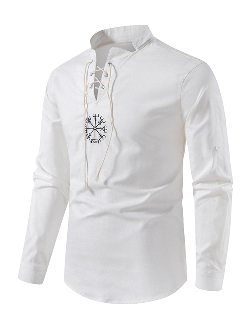Men's Casual Henley Retro Lace Up Cotton Long Sleeve Shirt Drawstring Top