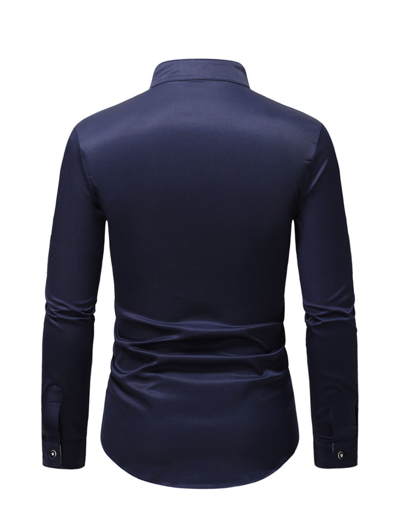 Men's Stand Collar Solid Plaid Pocket Button Up Long Sleeve Shirt