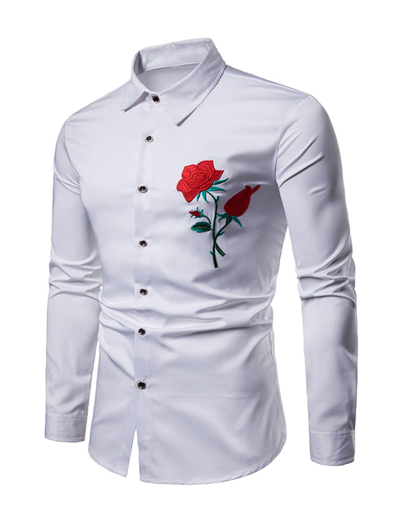 Men's Rose Embroidery Casual Long Sleeve Button Dress Shirt
