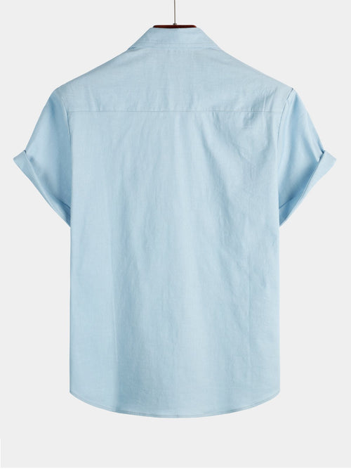 Men's Solid Color Linen Cotton Pocket Casual Button Short Sleeve Shirt