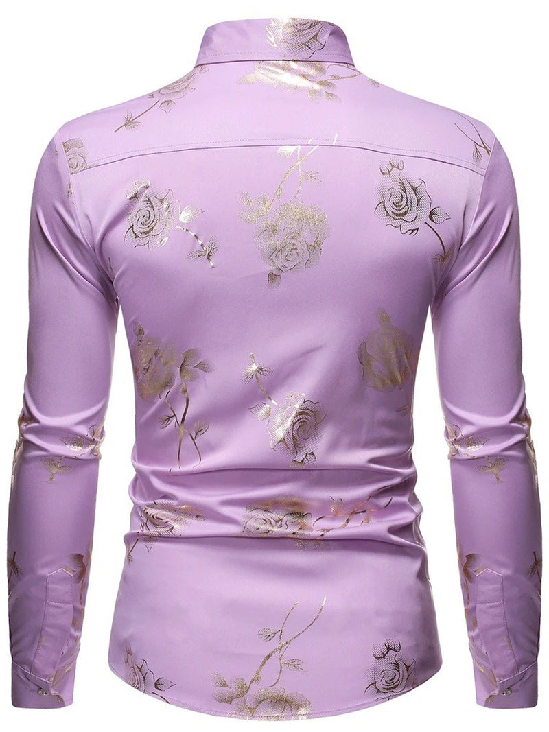 Men's Rose Print Casual Long Sleeve Shirts
