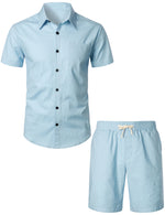 Men's Solid Color Linen Cotton Pocket Short Sleeve Shirts&Shorts