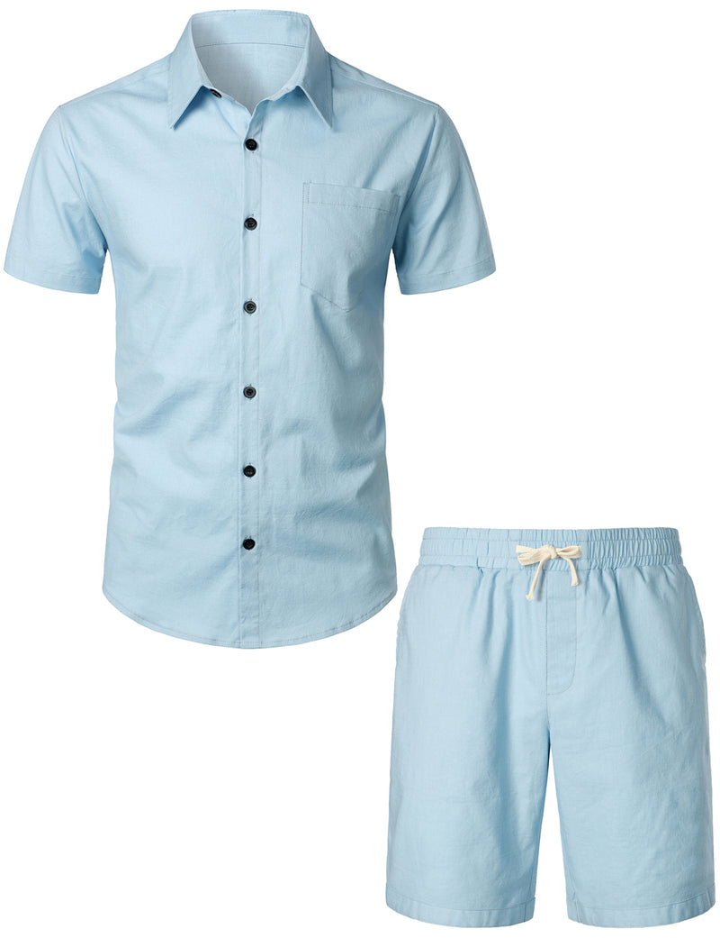 Men's Solid Color Linen Cotton Pocket Short Sleeve Shirts&Shorts