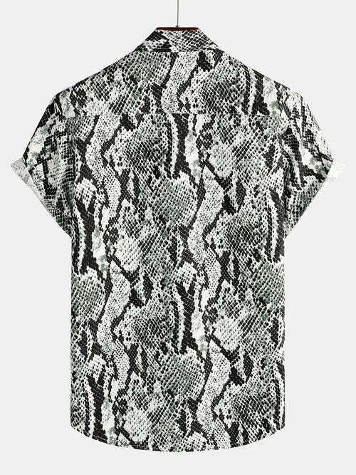 Men's Snake Skin Print Animal Pattern Cool Button Up Cotton Short Sleeve Vacation Shirt
