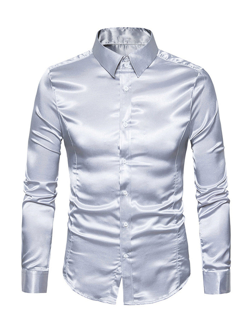 Men's Satin Smooth Button Up Tuxedo Long Sleeve Party Dress Shirt