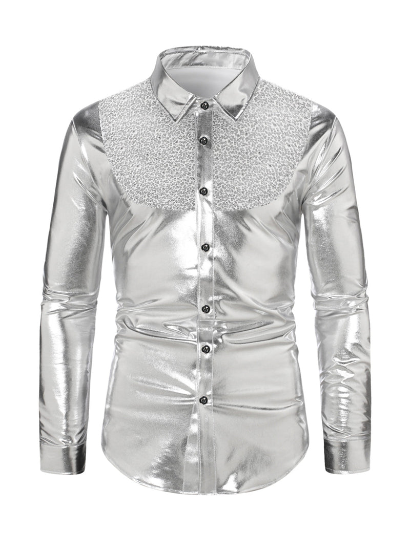 Men's Button Up Luxury Shiny Tuxedo Party Costume Long Sleeve Dress Shirt