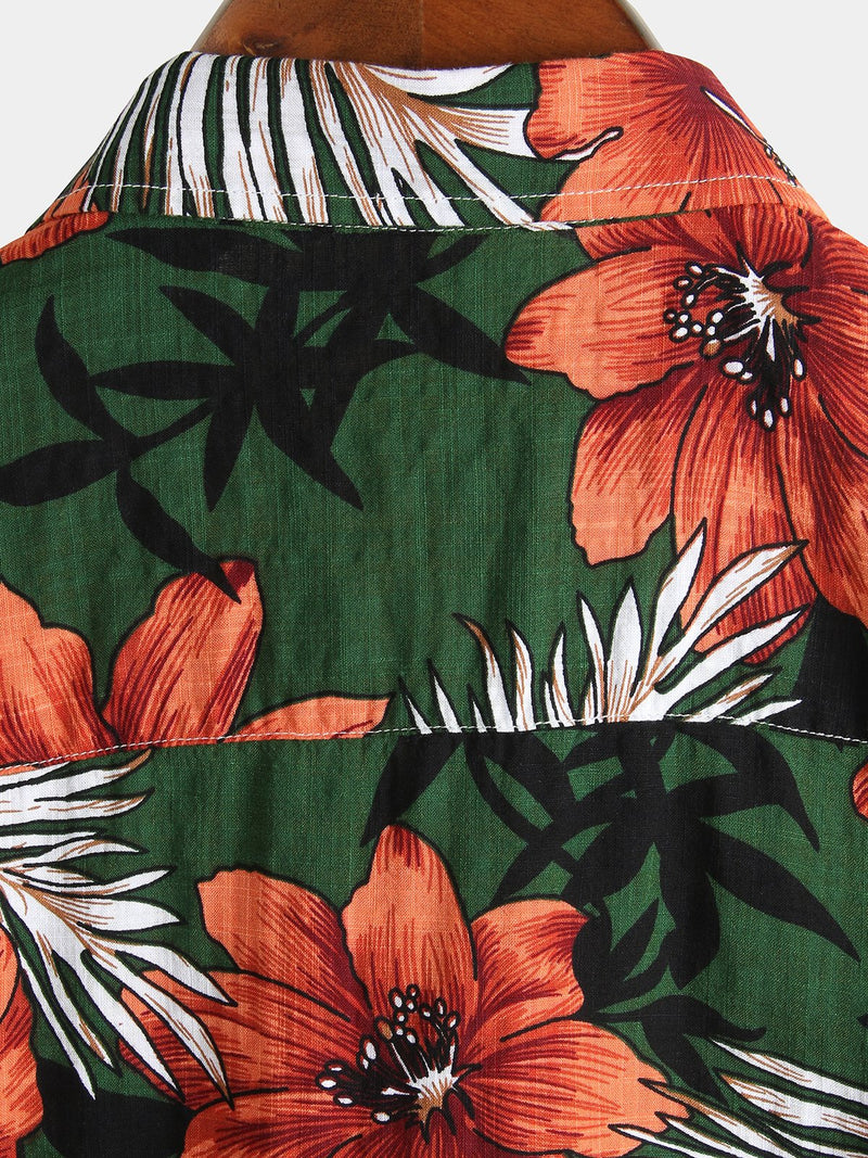 Men's Hawaiian Tropical Plant Floral Print Cotton Short Sleeve Shirts