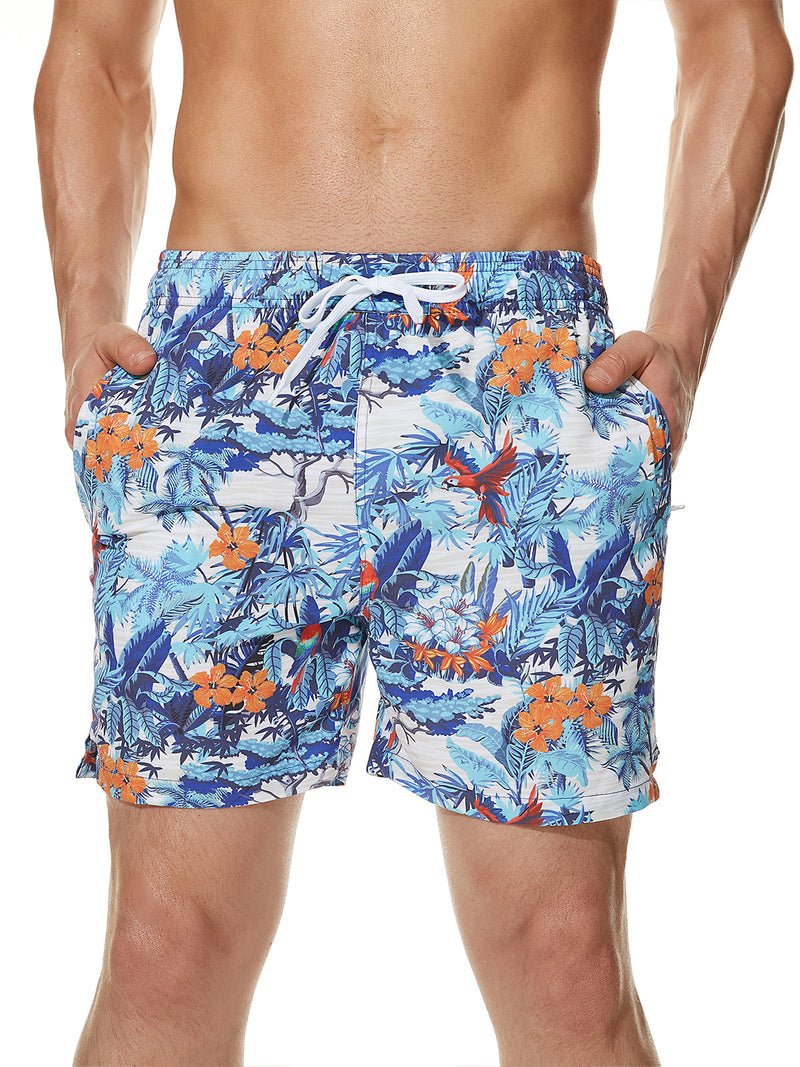 Men's Summer Casual Floral Parrot Print Hawaiian Beach Graphic Shorts Swimming Trunks