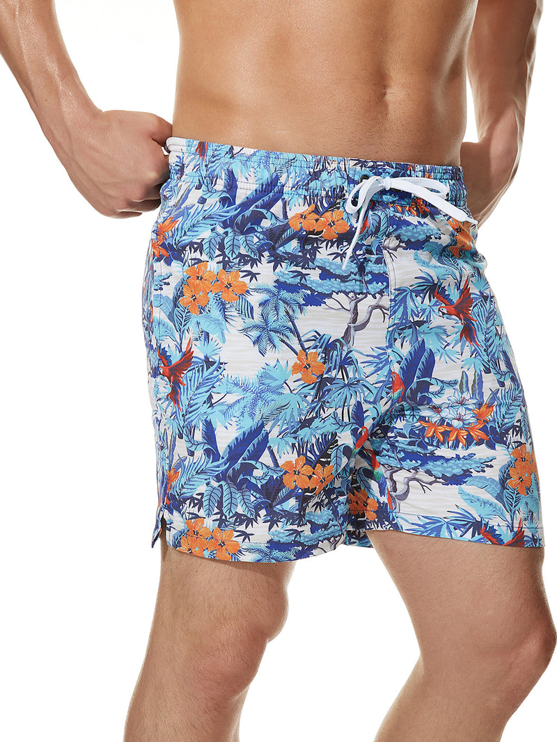 Men's Summer Casual Floral Parrot Print Hawaiian Beach Graphic Shorts Swimming Trunks