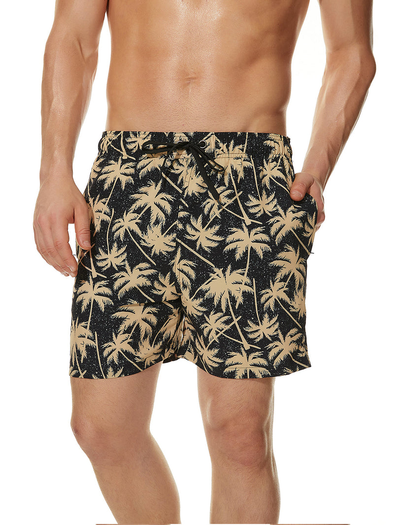 Men's Casual Summer Black Palm Tree Print Hawaiian Beach Graphic Shorts Swimming Trunks