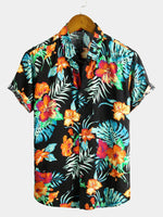 Men's Black Floral Cotton Tropical Hawaiian Vacation Shirt