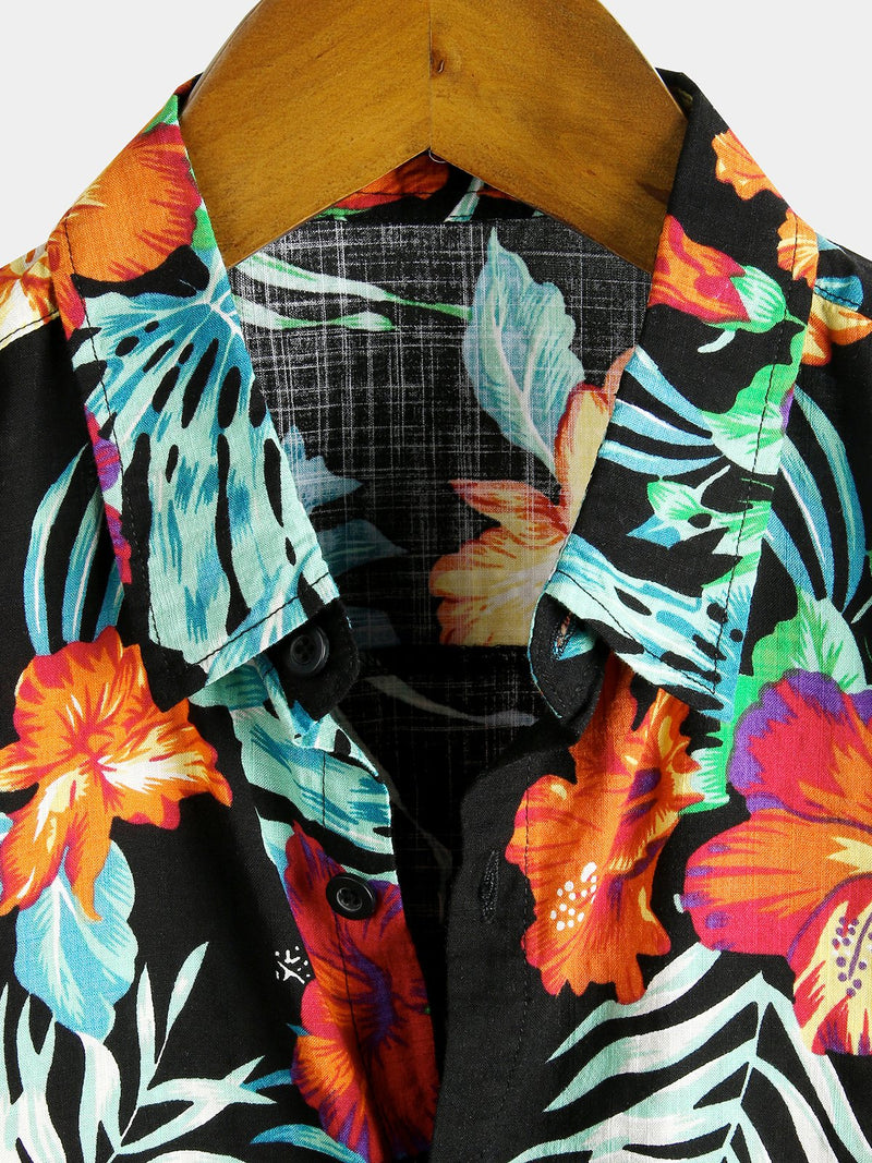 Men's Black Floral Cotton Tropical Hawaiian Vacation Shirt