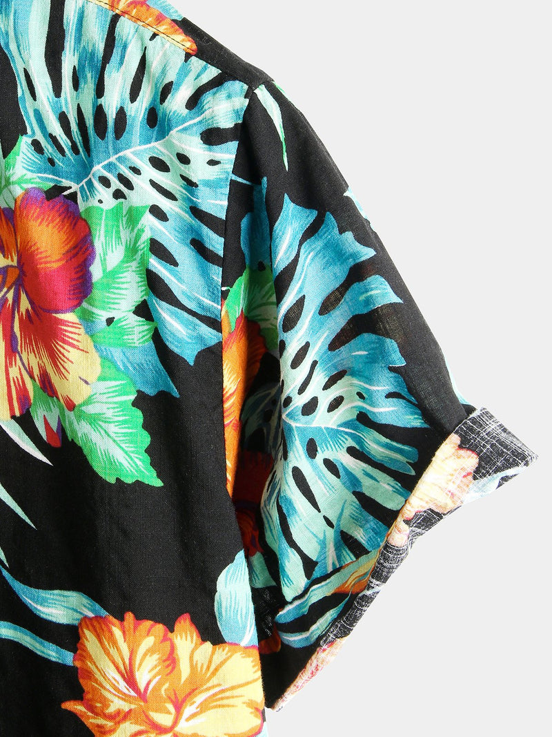 Men's Black Floral Cotton Tropical Hawaiian Vacation Shirt