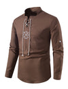 Men's Casual Henley Retro Lace Up Cotton Long Sleeve Shirt Drawstring Top