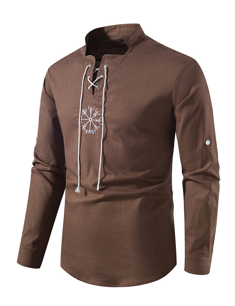 Men's Casual Henley Retro Lace Up Cotton Long Sleeve Shirt Drawstring Top