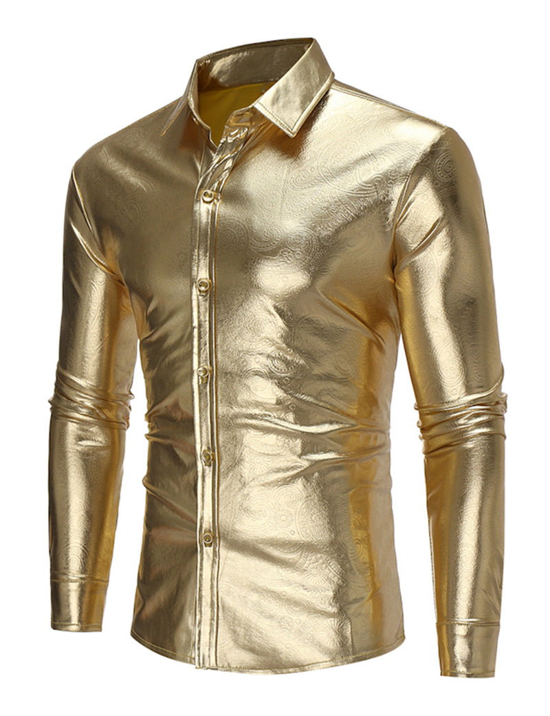 Men's Party Nightclub Button Up Cool Leather Long Sleeve Shirt