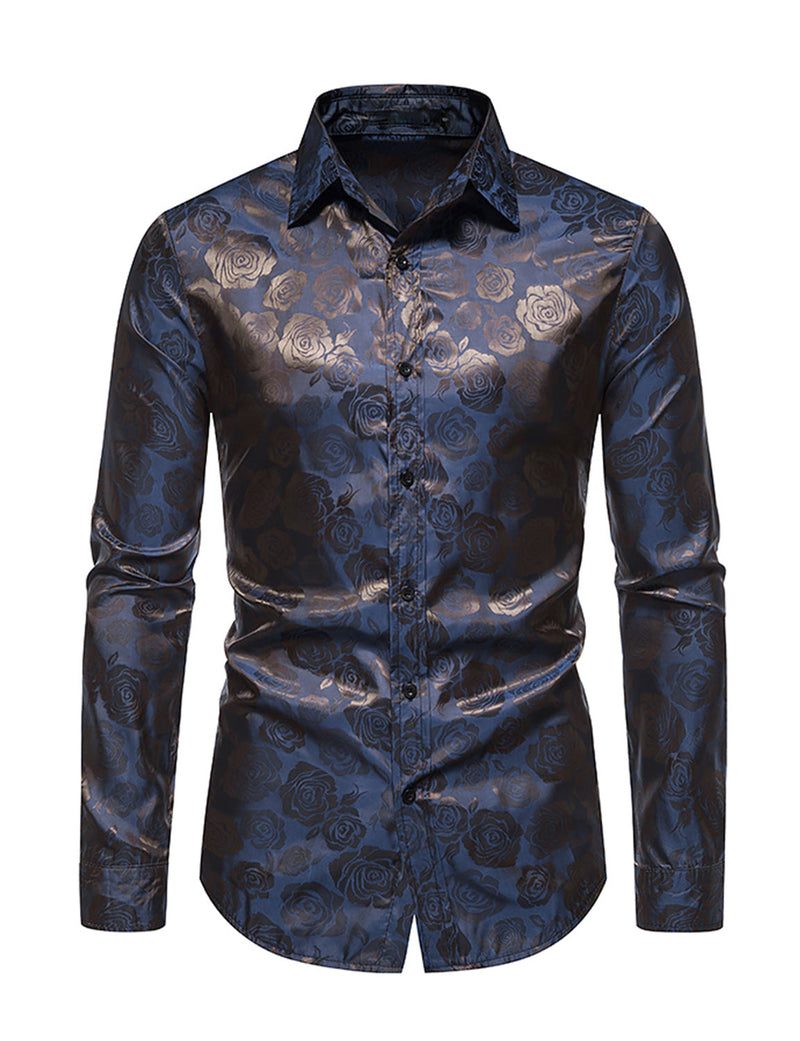 Men's Jacquard Vintage Rose Flower Print Party Prom Long Sleeve Dress Shirt