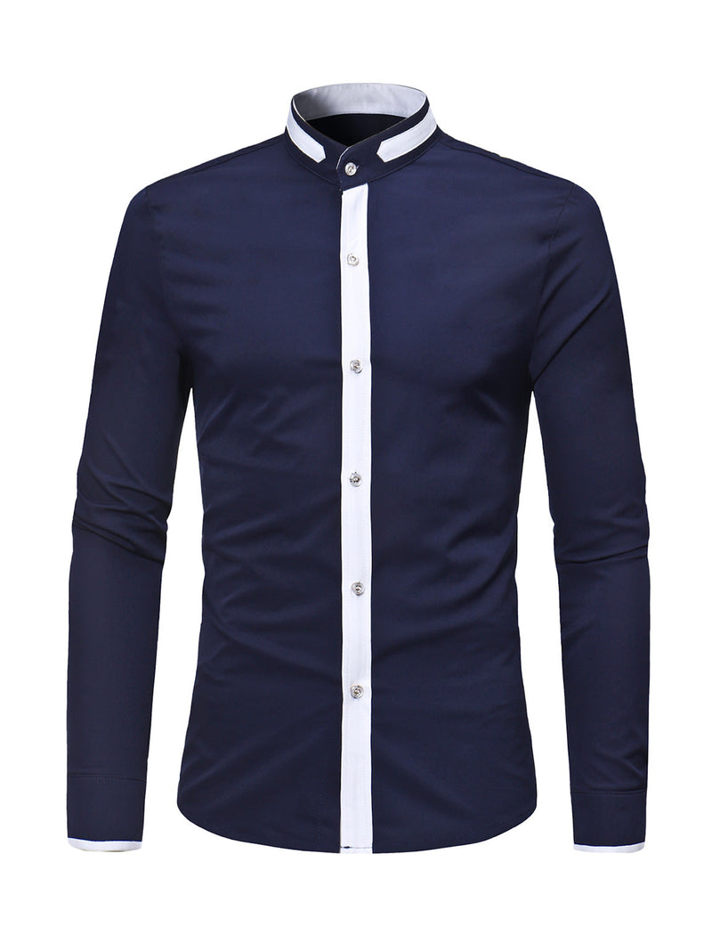 Men's Stand Collar Long Sleeve Button Up Slim Fit Casual Shirt
