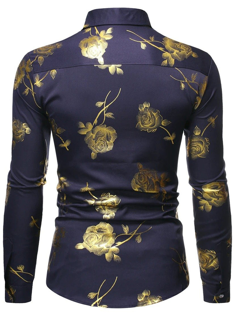 Men's Rose Print Casual Long Sleeve Shirts
