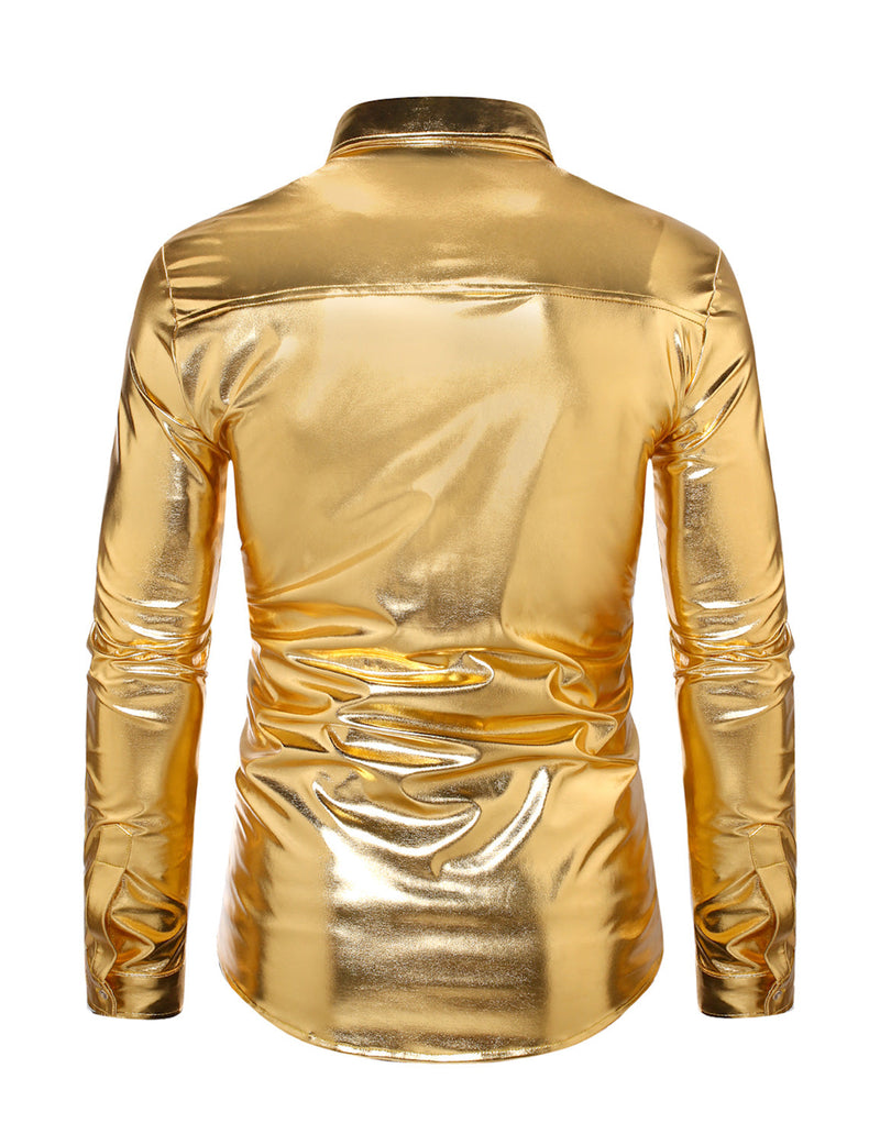 Men's Luxury Shiny Button Up Tuxedo Costume Long Sleeve Party Dress Shirt