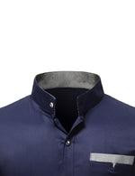 Men's Stand Collar Solid Plaid Pocket Button Up Long Sleeve Shirt