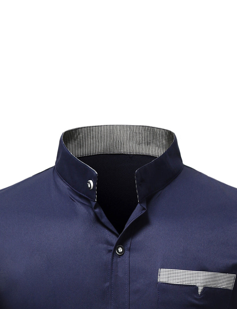 Men's Stand Collar Solid Plaid Pocket Button Up Long Sleeve Shirt