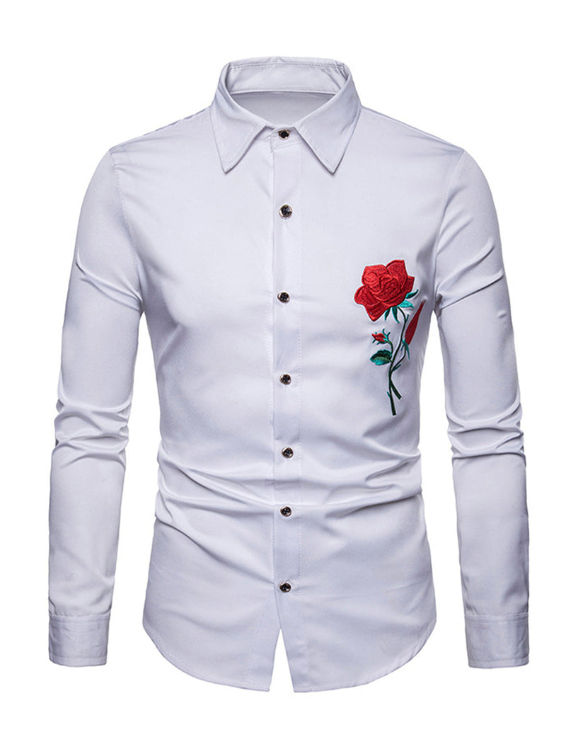 Men's Rose Embroidery Casual Long Sleeve Button Dress Shirt