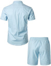 Men's Solid Color Linen Cotton Pocket Short Sleeve Shirts&Shorts
