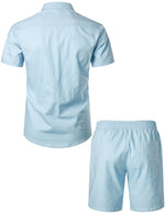 Men's Solid Color Linen Cotton Pocket Short Sleeve Shirts&Shorts