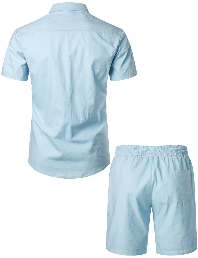 Men's Solid Color Linen Cotton Pocket Short Sleeve Shirts&Shorts