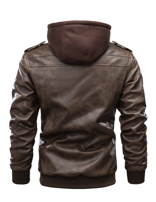 Men's Vintage Motorbike Biker Winter Leather Bomber Motorcycle Jacket with Removable Hood