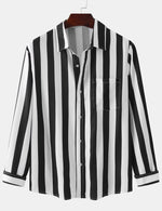Men's Striped Casual Pocket Long Sleeve Fall Button Up Shirt