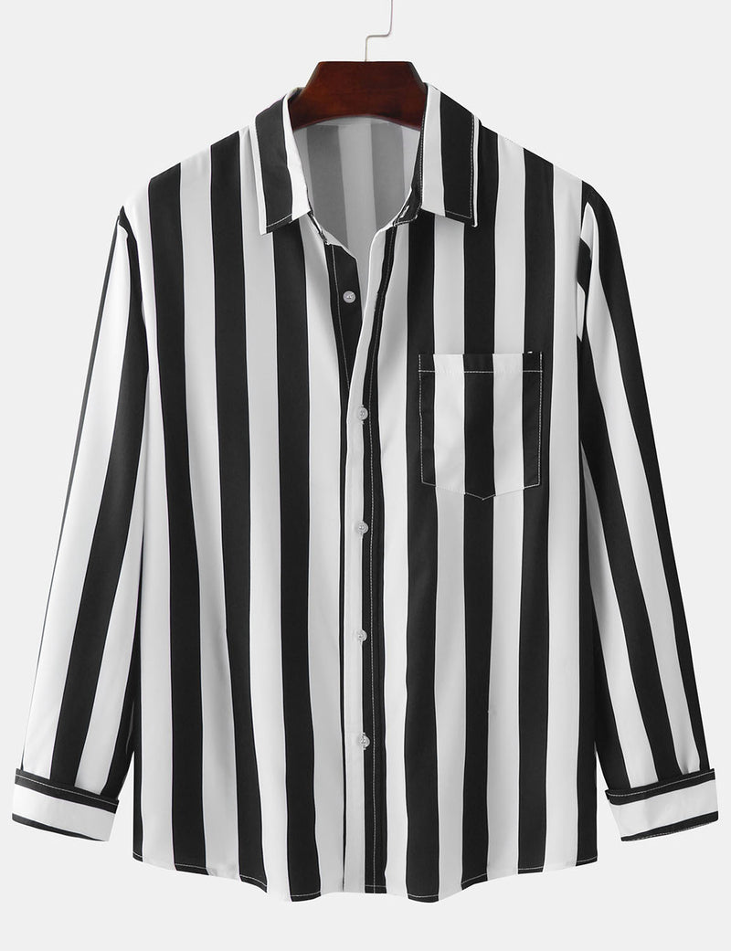 Men's Striped Casual Pocket Long Sleeve Fall Button Up Shirt