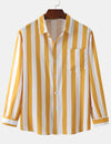 Men's Striped Casual Pocket Long Sleeve Fall Button Up Shirt