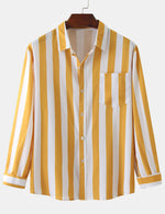 Men's Striped Casual Pocket Long Sleeve Fall Button Up Shirt