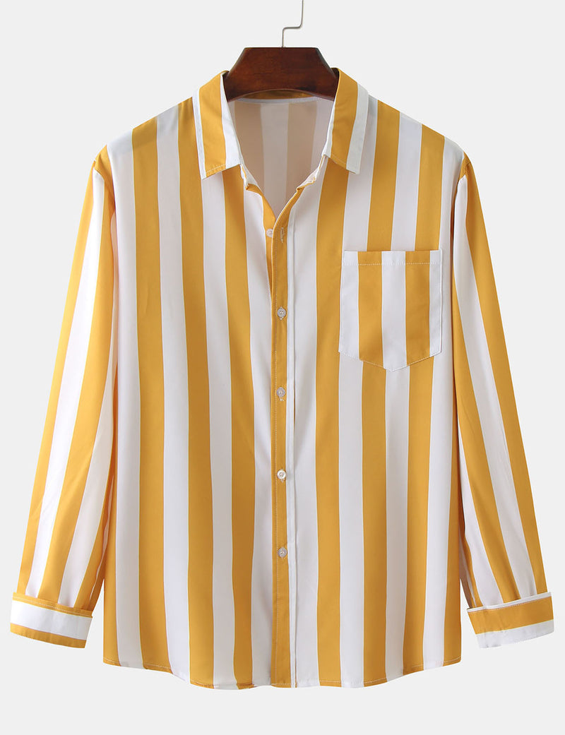 Men's Striped Casual Pocket Long Sleeve Fall Button Up Shirt