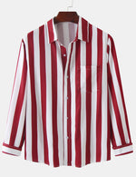 Men's Striped Casual Pocket Long Sleeve Fall Button Up Shirt