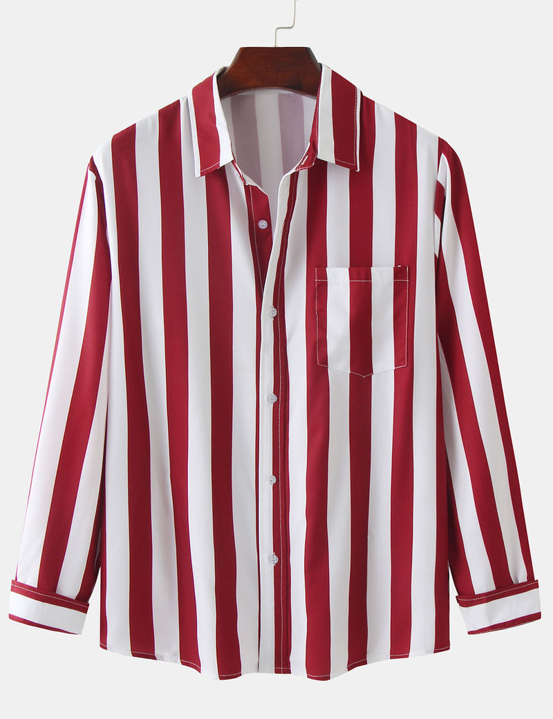 Men's Striped Casual Pocket Long Sleeve Fall Button Up Shirt