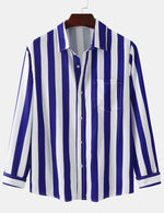 Men's Striped Casual Pocket Long Sleeve Fall Button Up Shirt