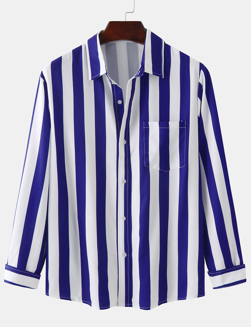 Men's Striped Casual Pocket Long Sleeve Fall Button Up Shirt
