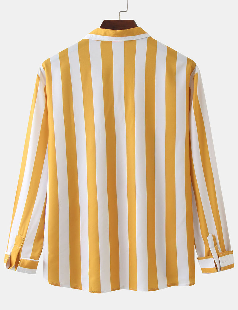 Men's Striped Casual Pocket Long Sleeve Fall Button Up Shirt