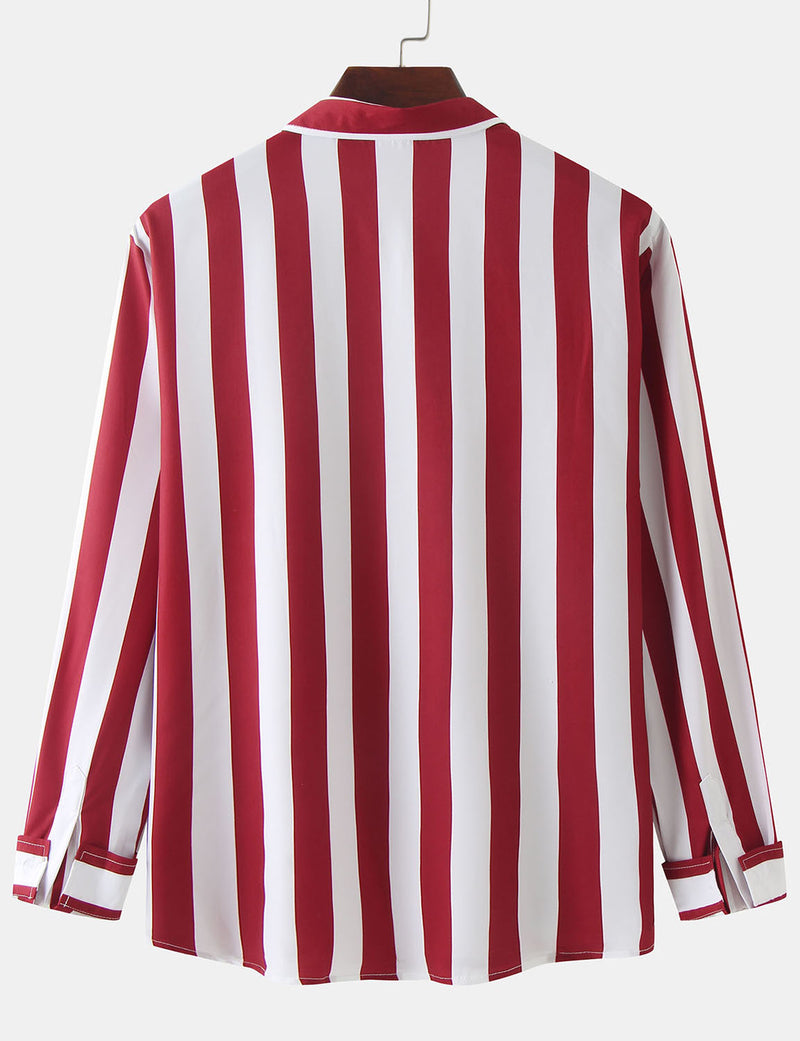 Men's Striped Casual Pocket Long Sleeve Fall Button Up Shirt